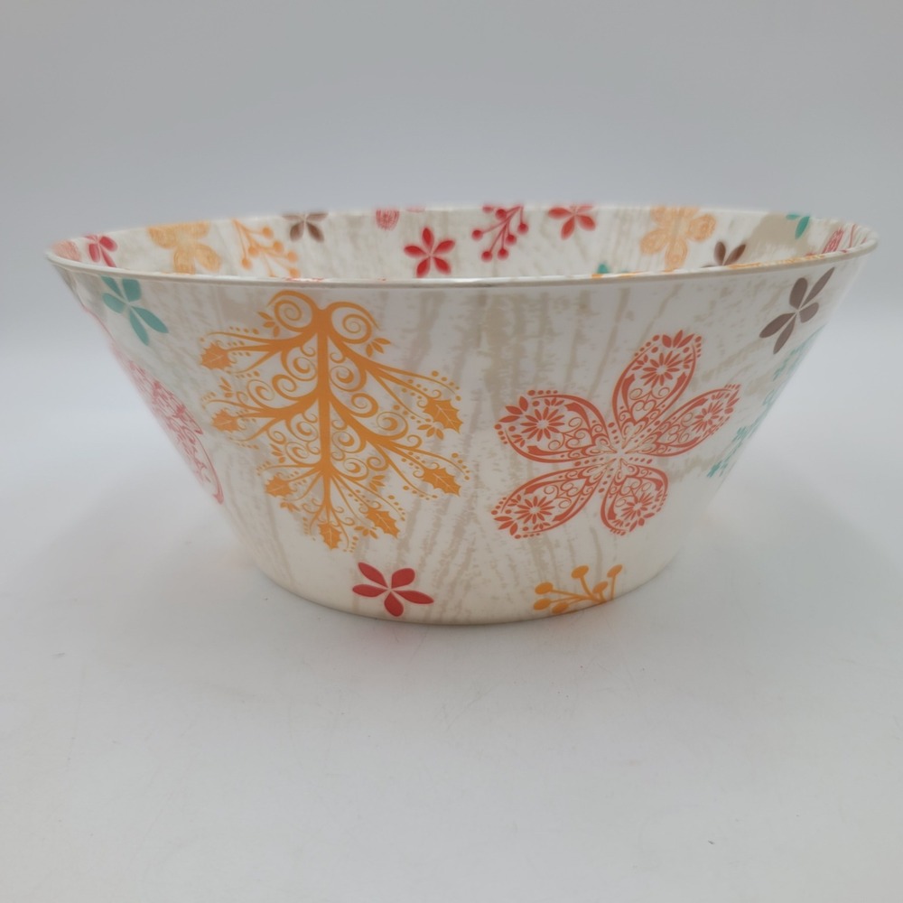 Large Crofton Aldi Serving Bowl Floral Woodgrain Pattern Orange Teal Cream 11.5"